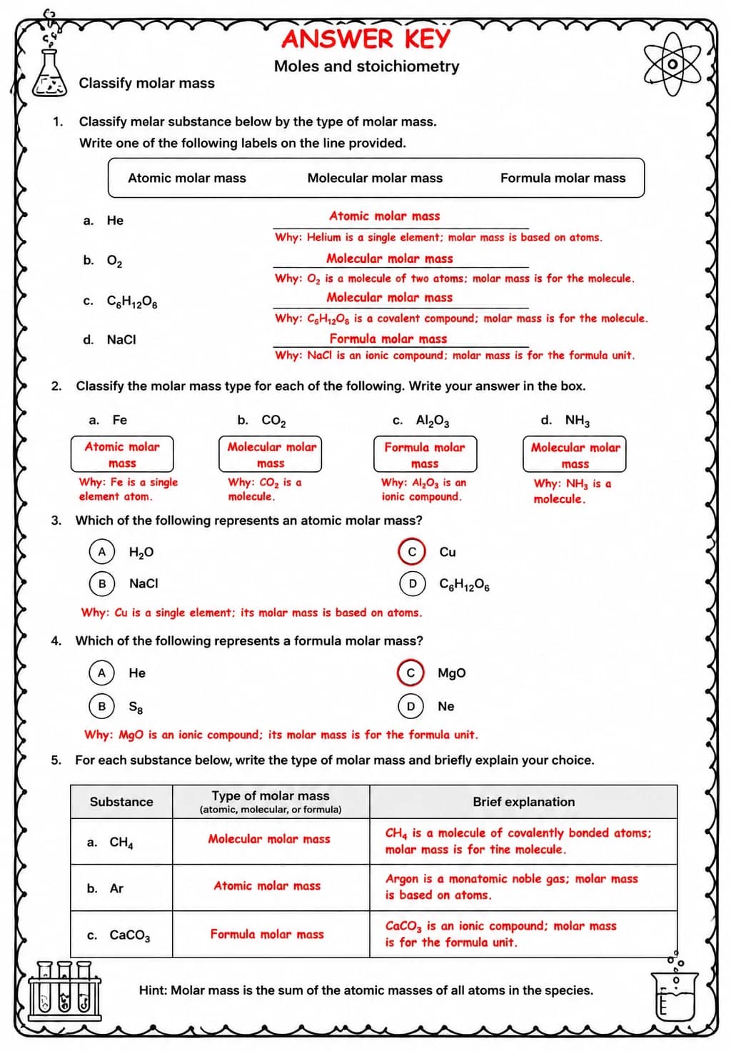 Answer key for Classify molar mass — free printable Science worksheet