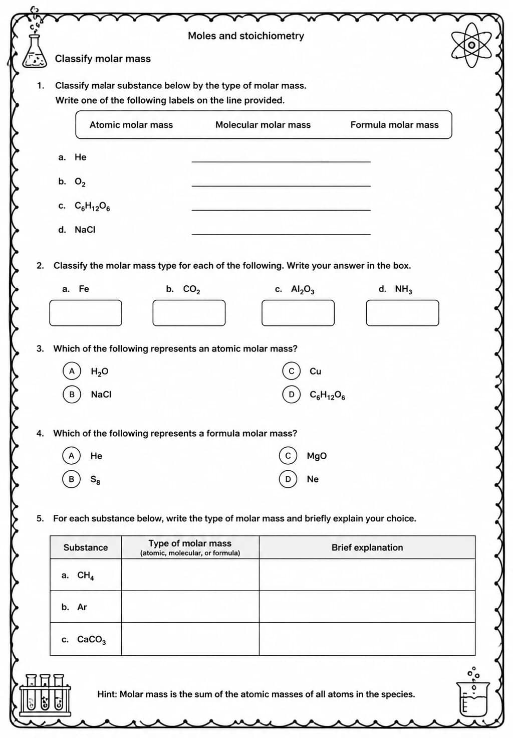 Classify molar mass — free printable High School Science worksheet