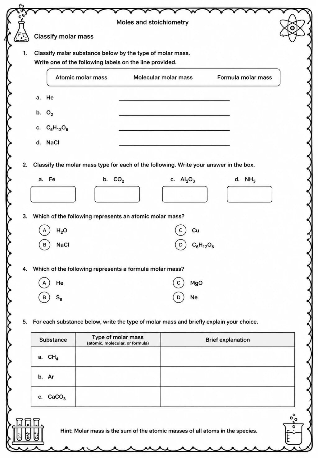 Classify molar mass — free printable High School Science worksheet