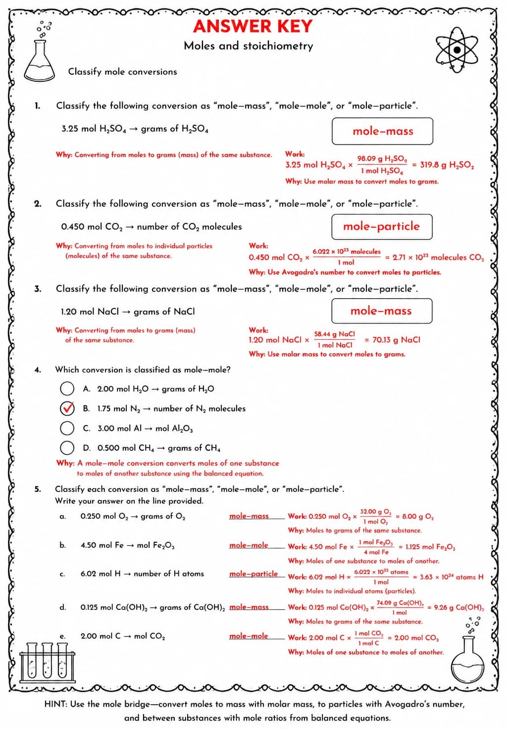 Answer key for Classify mole conversions — free printable Science worksheet