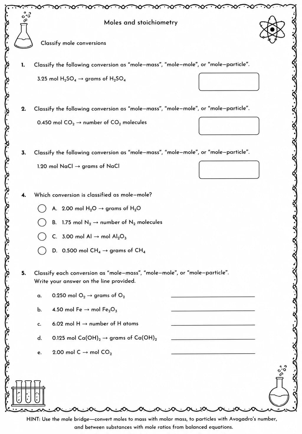 Classify mole conversions — free printable High School Science worksheet