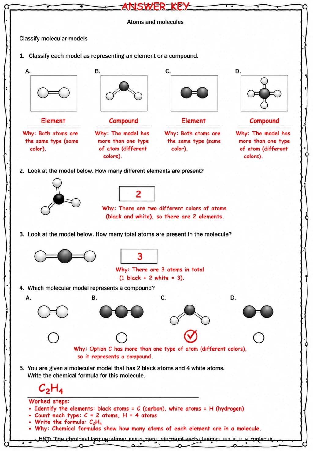 Answer key for Classify molecular models — free printable Science worksheet