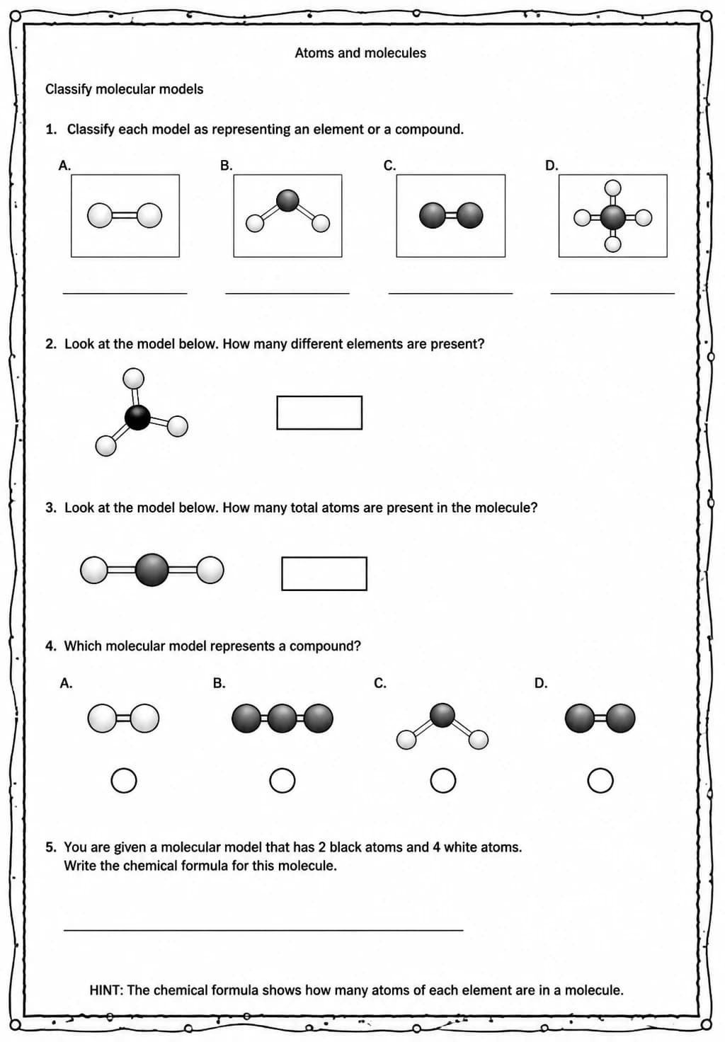 Classify molecular models — free printable Middle School Science worksheet