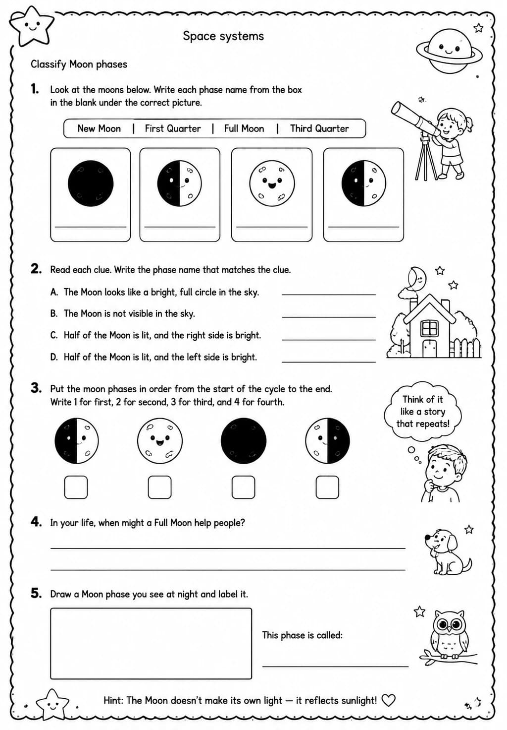 Classify Moon phases — free printable Grade 4 Science worksheet