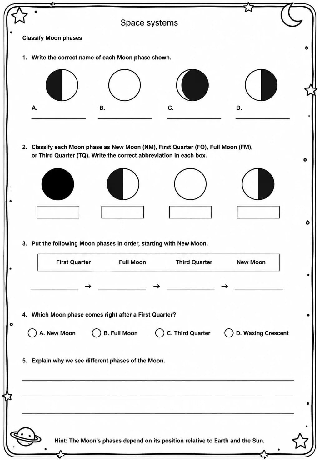 Classify Moon phases — free printable Grade 5 Science worksheet