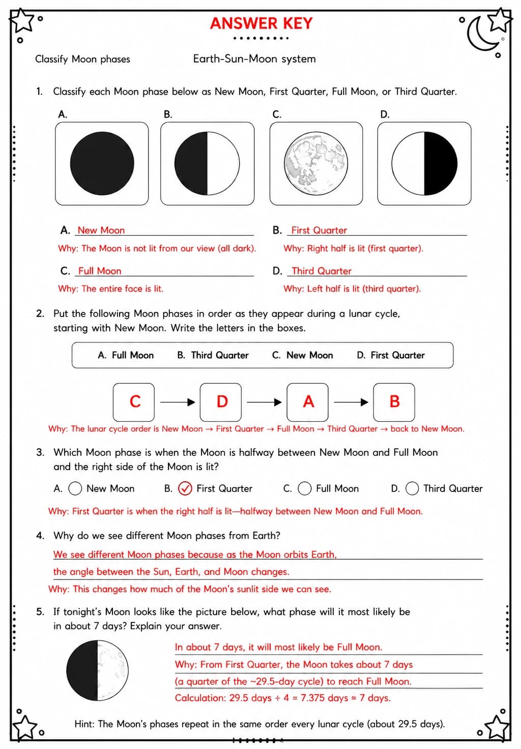 Answer key for Classify Moon phases — free printable Science worksheet