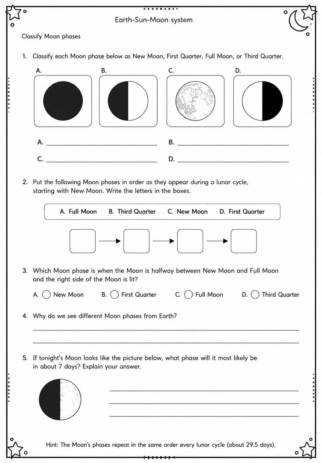 Classify Moon phases — free printable Middle School Science worksheet