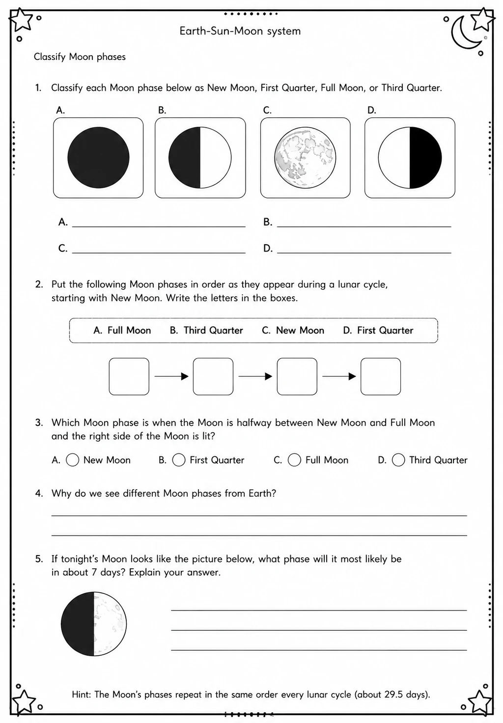 Classify Moon phases — free printable Middle School Science worksheet