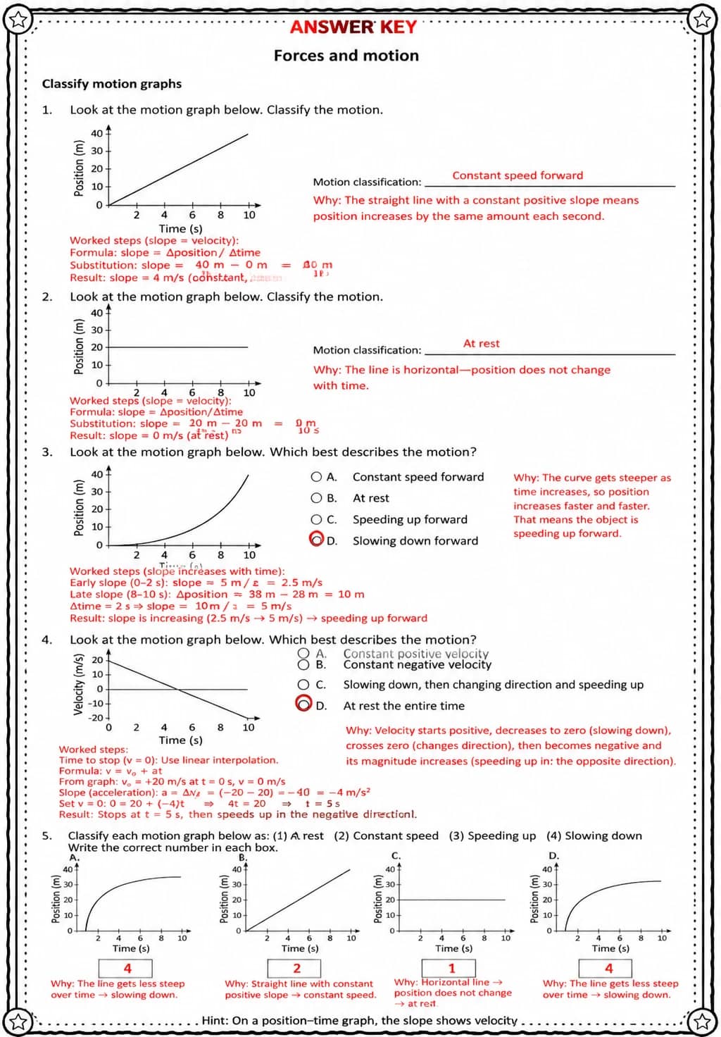 Answer key for Classify motion graphs — free printable Science worksheet