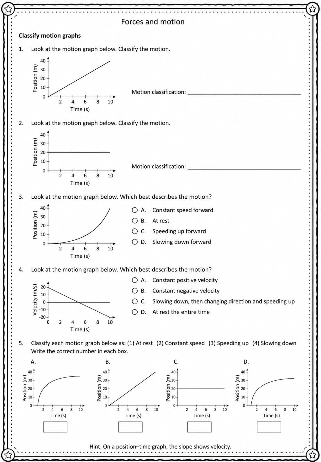 Classify motion graphs — free printable Grade 5 Science worksheet