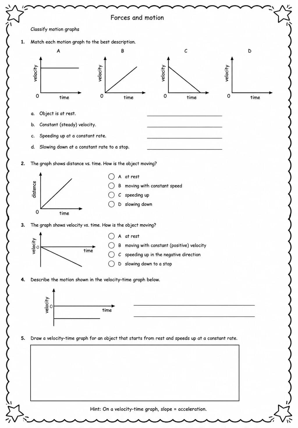 Classify motion graphs — free printable Middle School Science worksheet