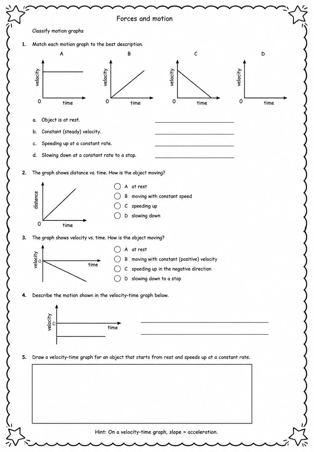 Classify motion graphs — free printable Middle School Science worksheet