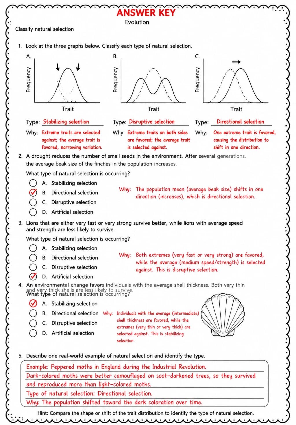 Answer key for Classify natural selection — free printable Science worksheet