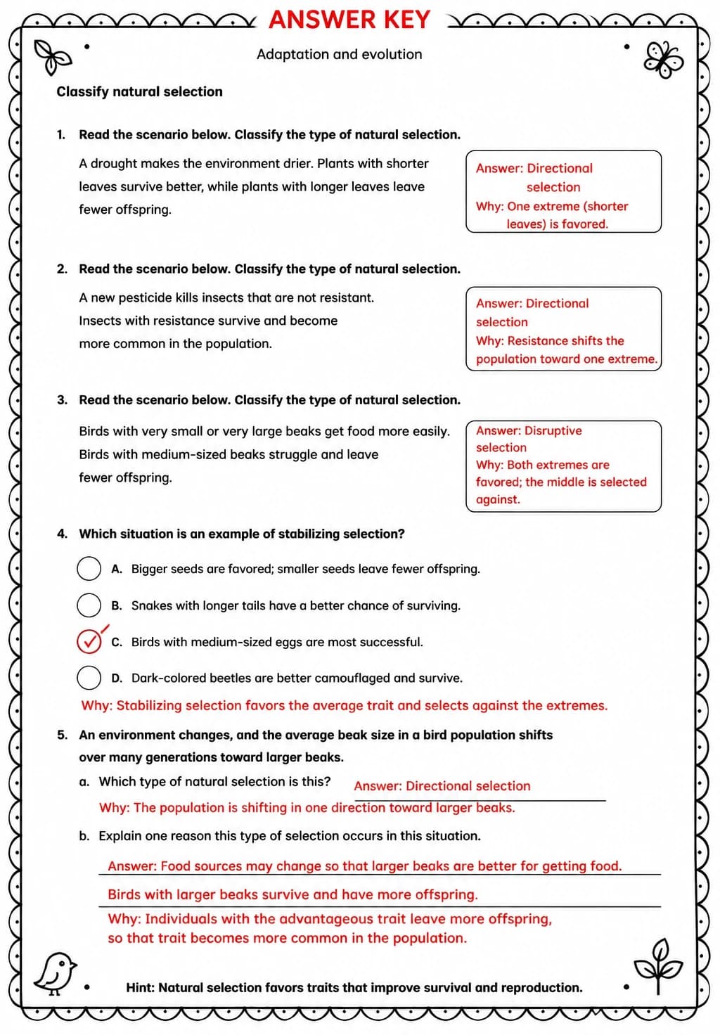Answer key for Classify natural selection — free printable Science worksheet