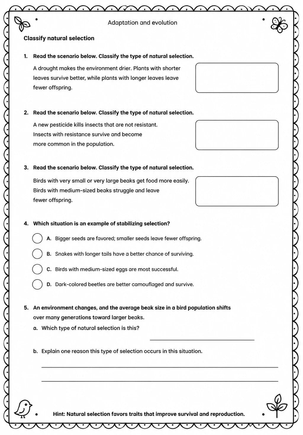 Classify natural selection — free printable Middle School Science worksheet