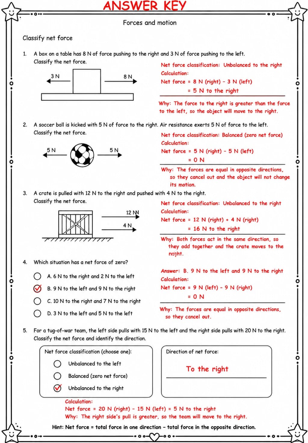 Answer key for Classify net force — free printable Science worksheet