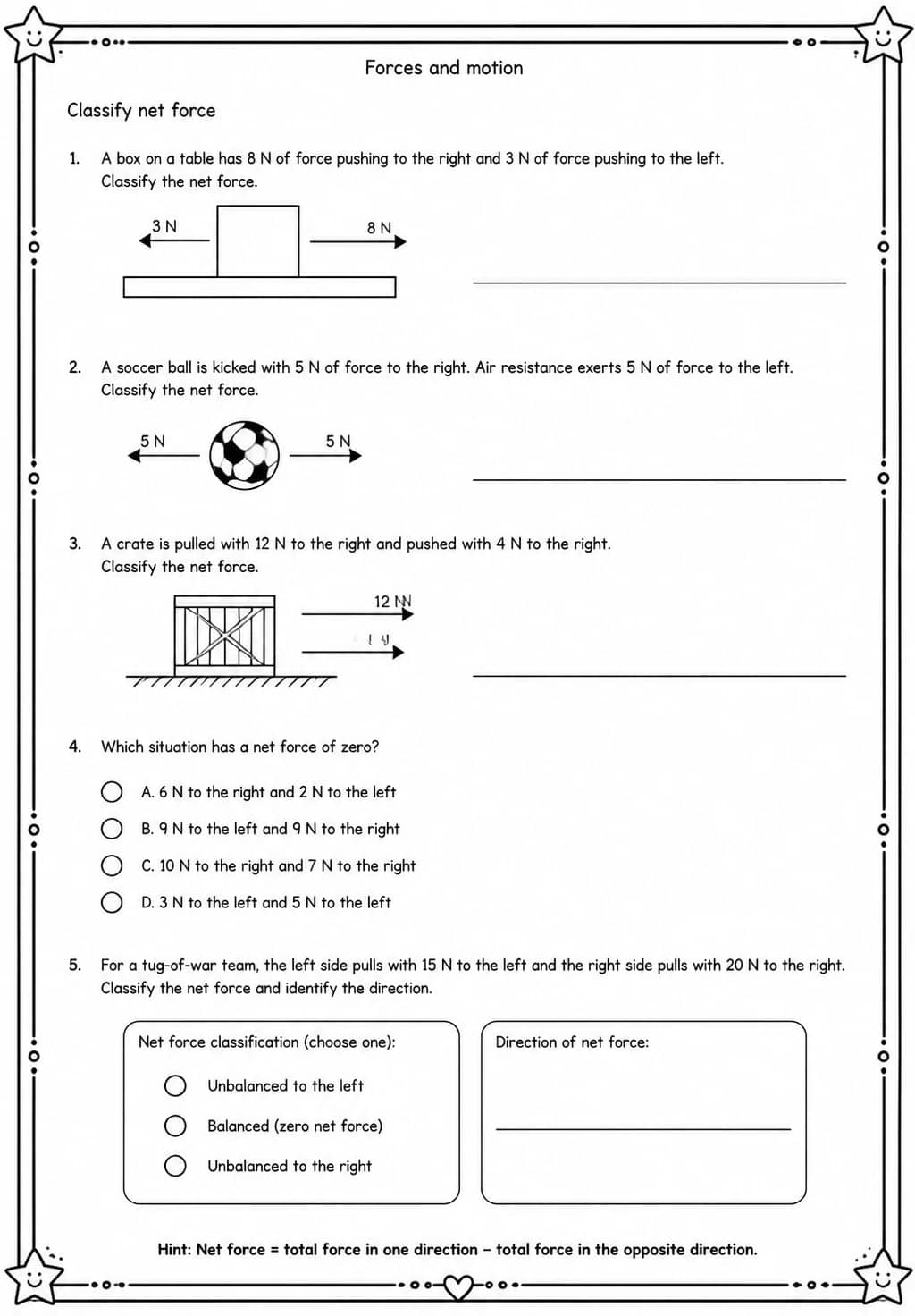 Classify net force — free printable Middle School Science worksheet