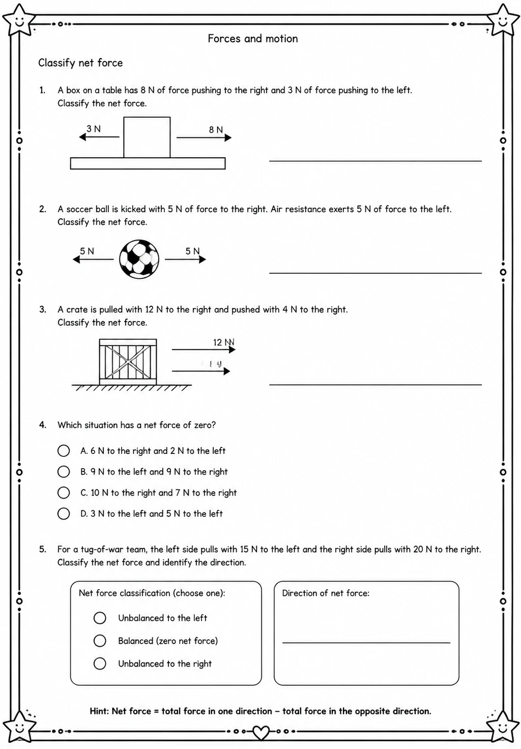 Classify net force — free printable Middle School Science worksheet