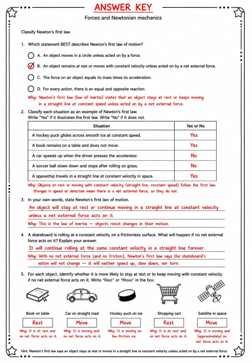 Answer key for Classify Newton's first law — free printable Science worksheet