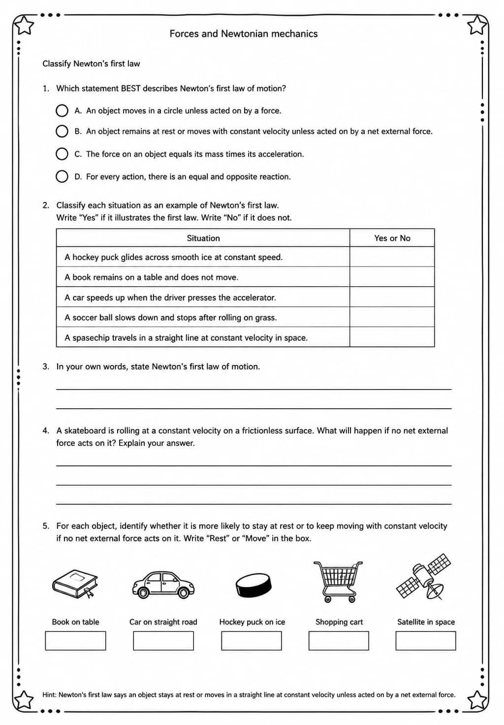 Classify Newton's first law — free printable High School Science worksheet