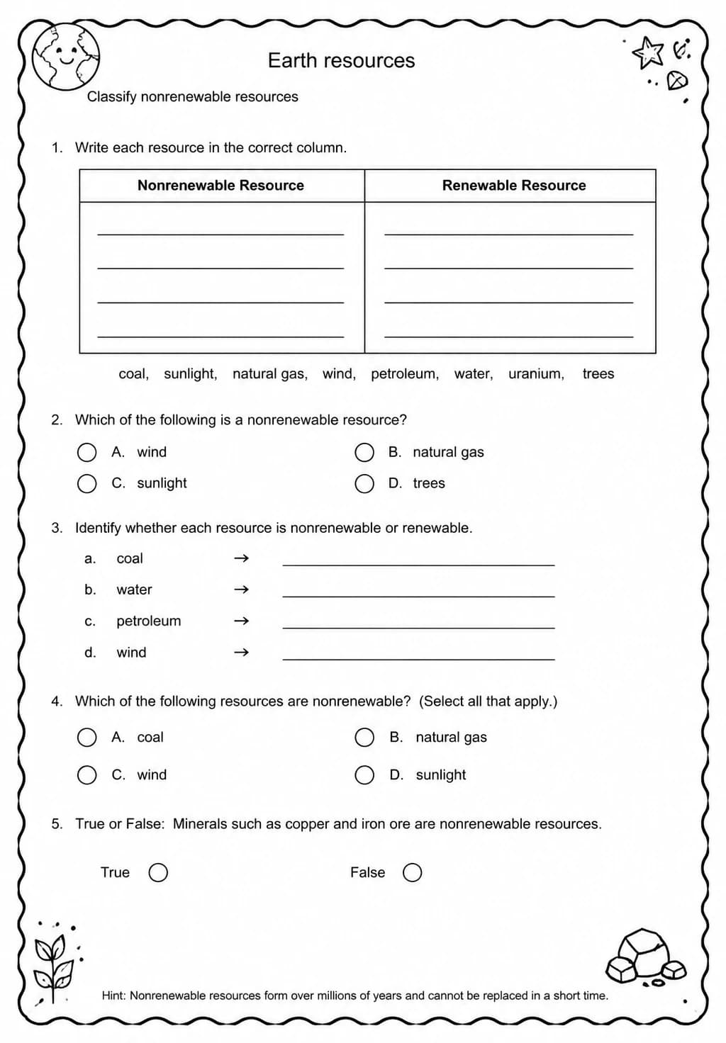 Classify nonrenewable resources — free printable Grade 5 Science worksheet
