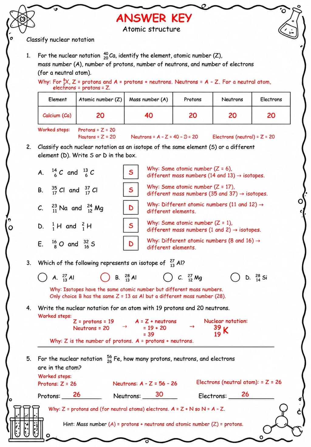 Answer key for Classify nuclear notation — free printable Science worksheet