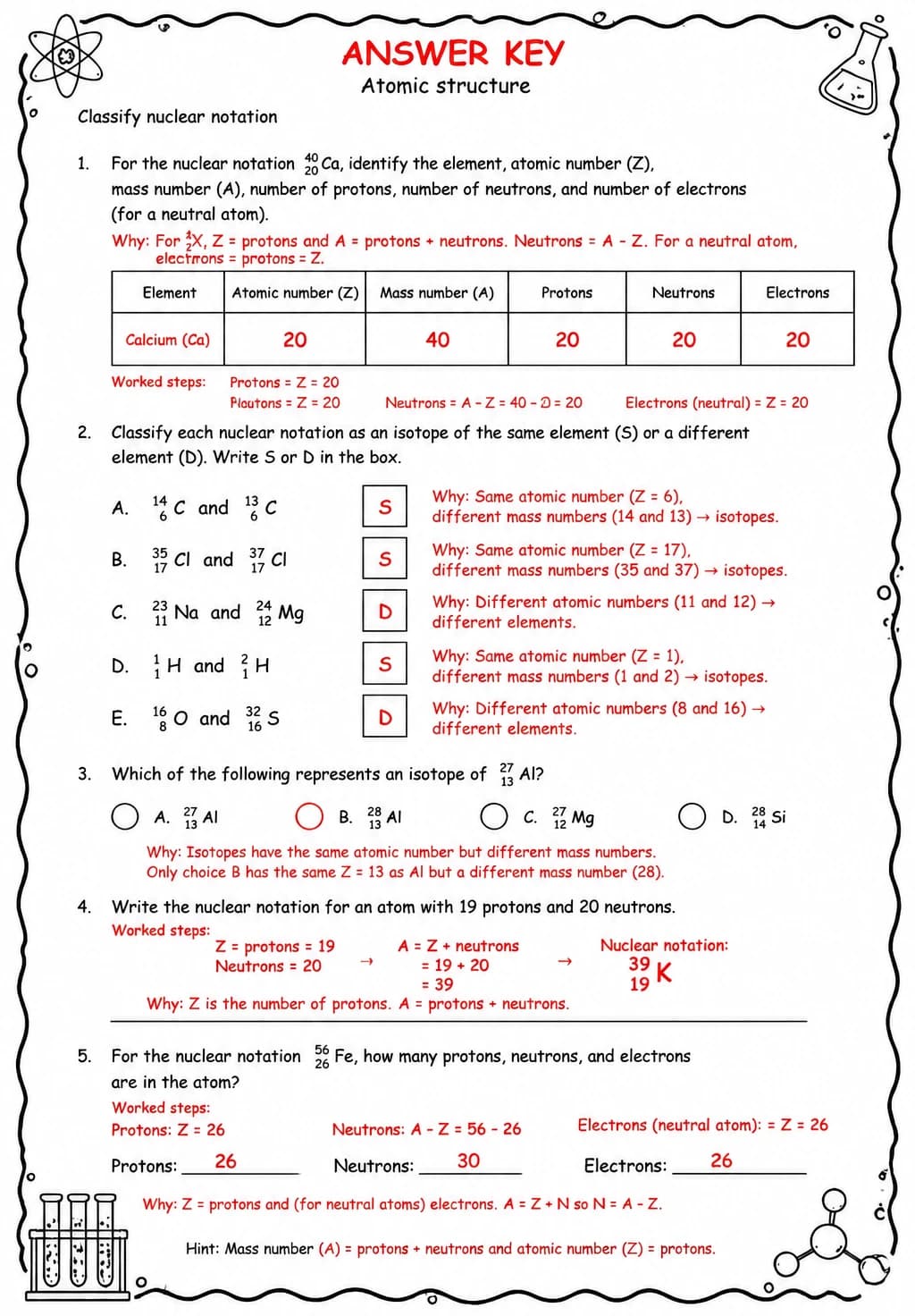 Answer key for Classify nuclear notation — free printable Science worksheet
