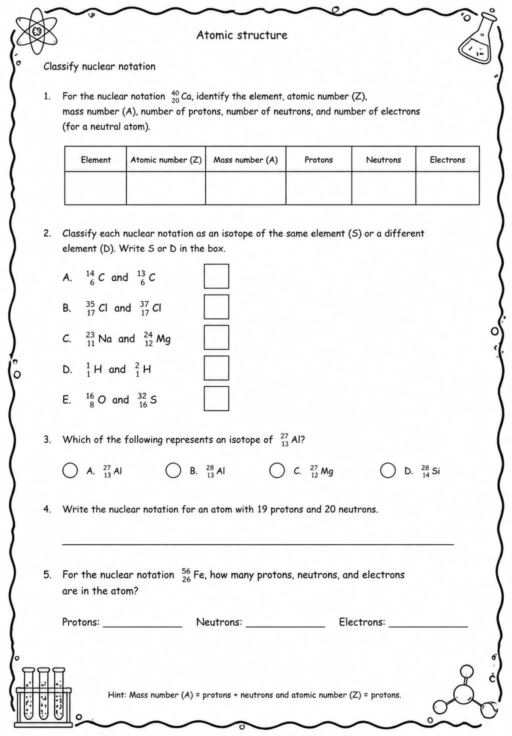 Classify nuclear notation — free printable High School Science worksheet