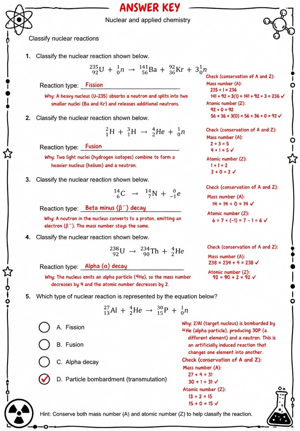 Answer key for Classify nuclear reactions — free printable Science worksheet