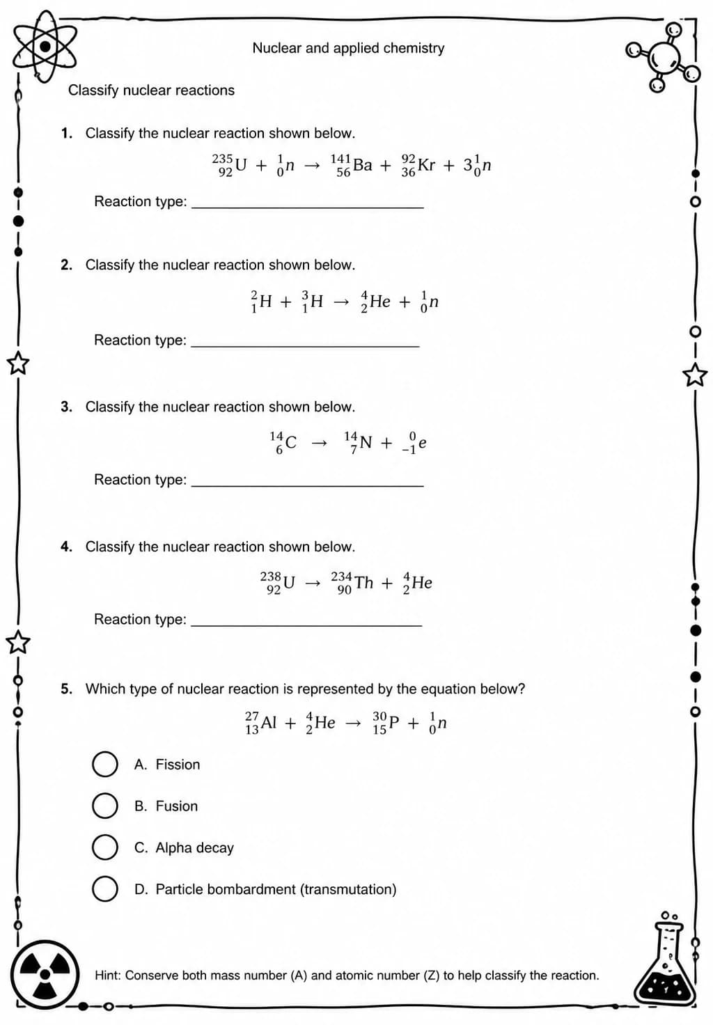 Classify nuclear reactions — free printable High School Science worksheet