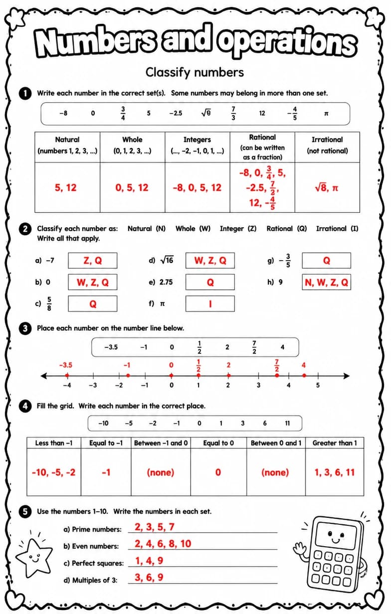 Answer key for Classify numbers — free printable Math worksheet