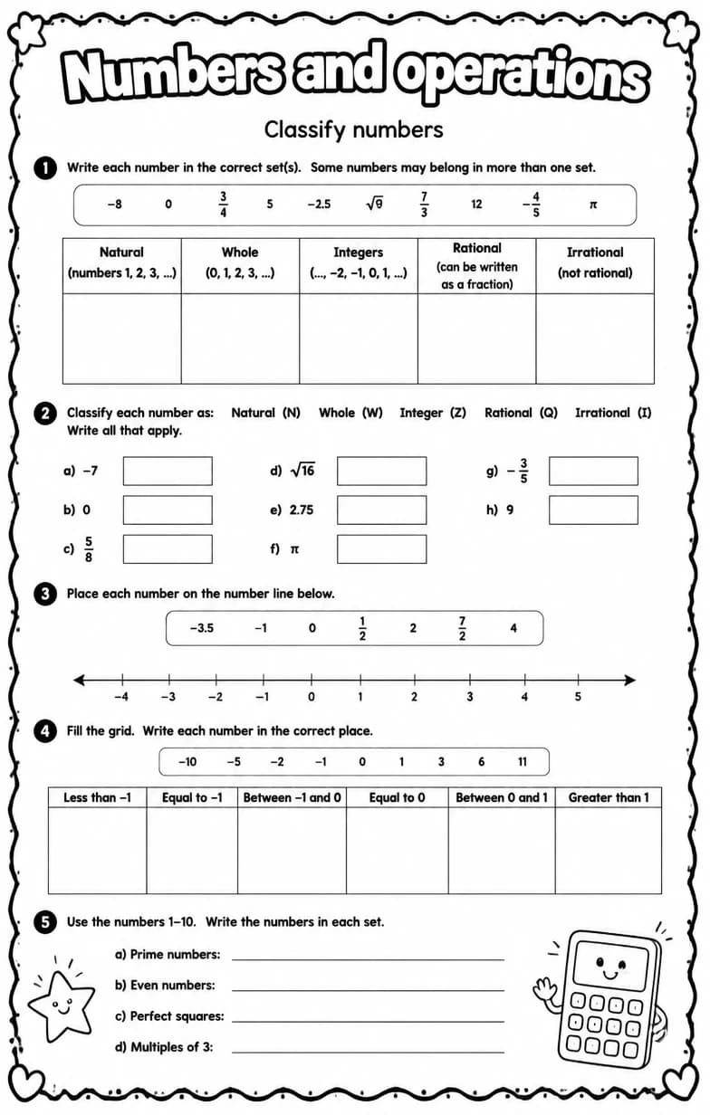 Classify numbers — free printable Algebra 1 math worksheet