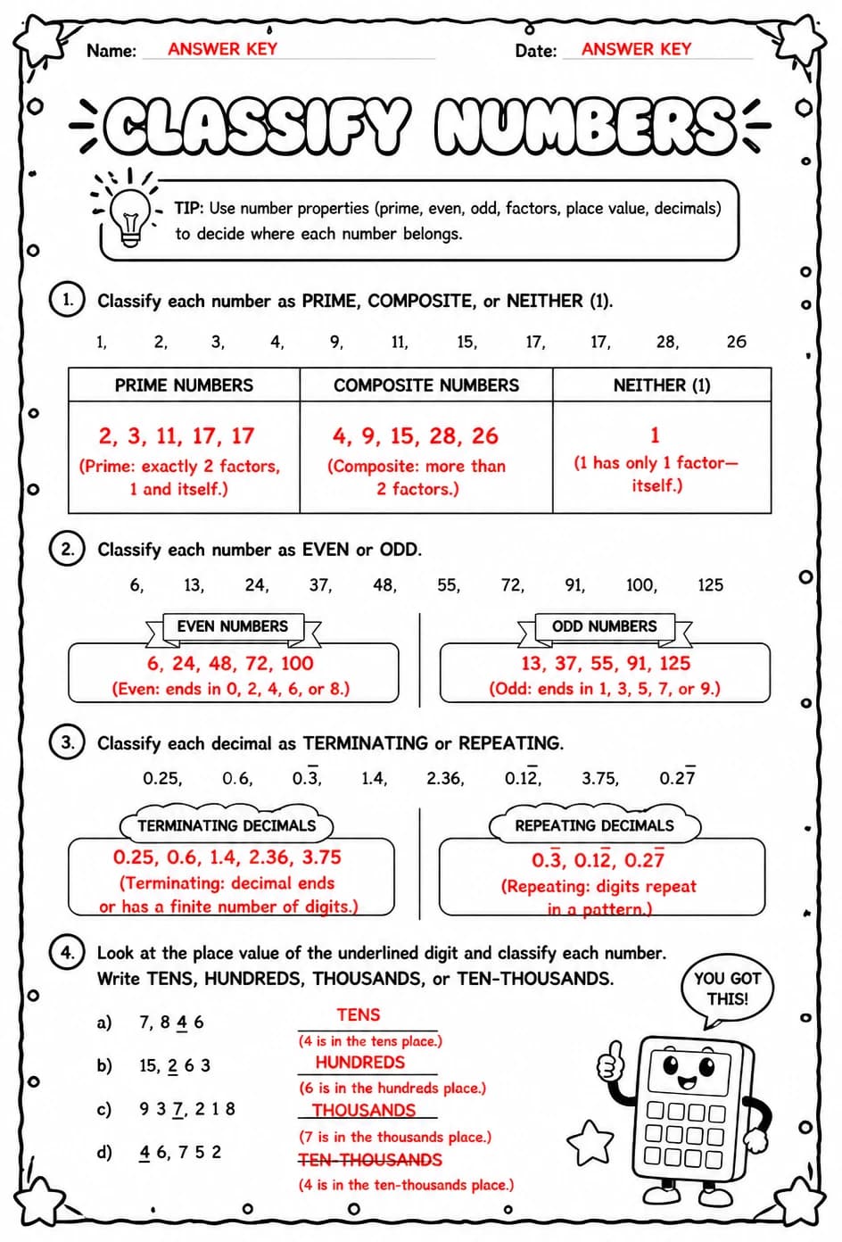 Answer key for Classify numbers — free printable Math worksheet