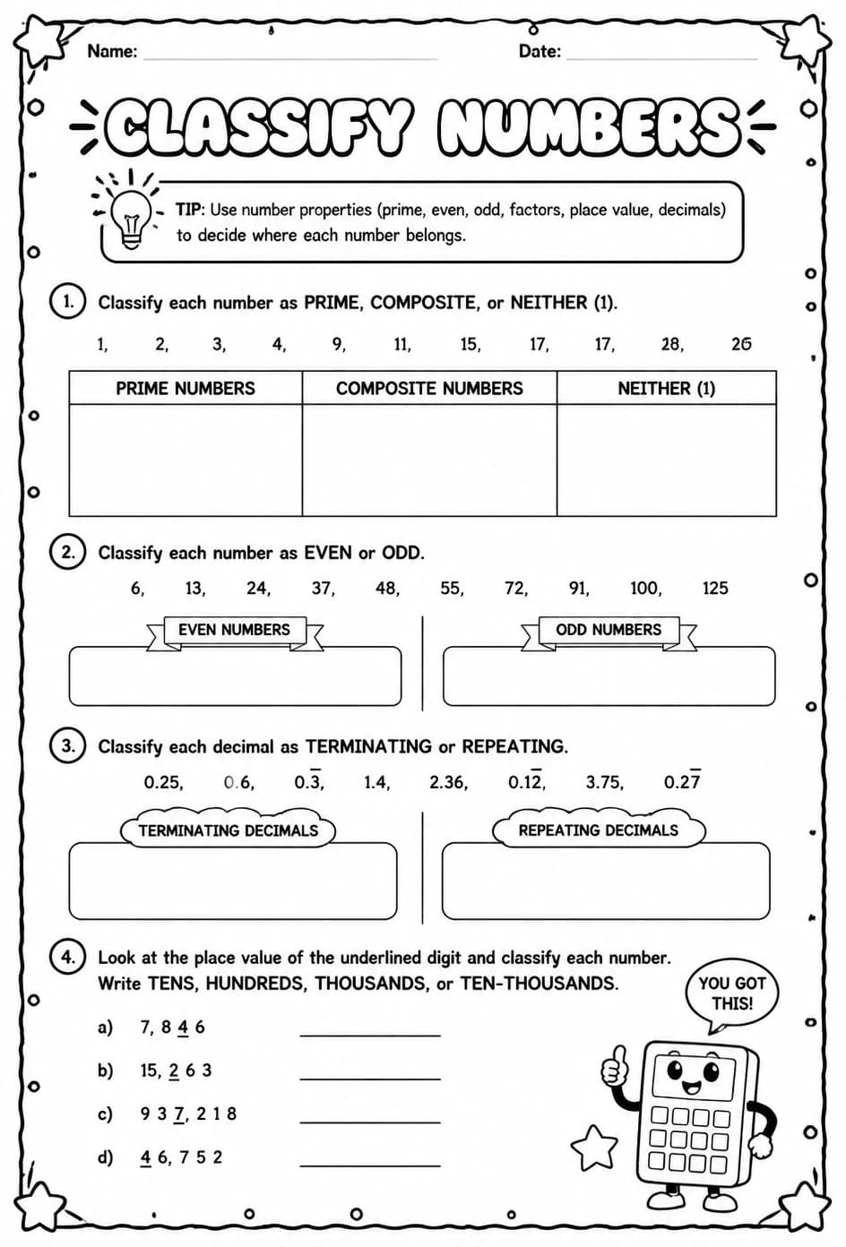 Classify numbers — free printable Grade 6 math worksheet