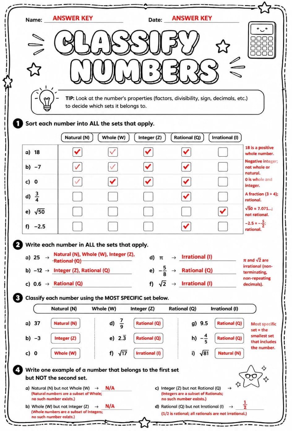 Answer key for Classify numbers — free printable Math worksheet