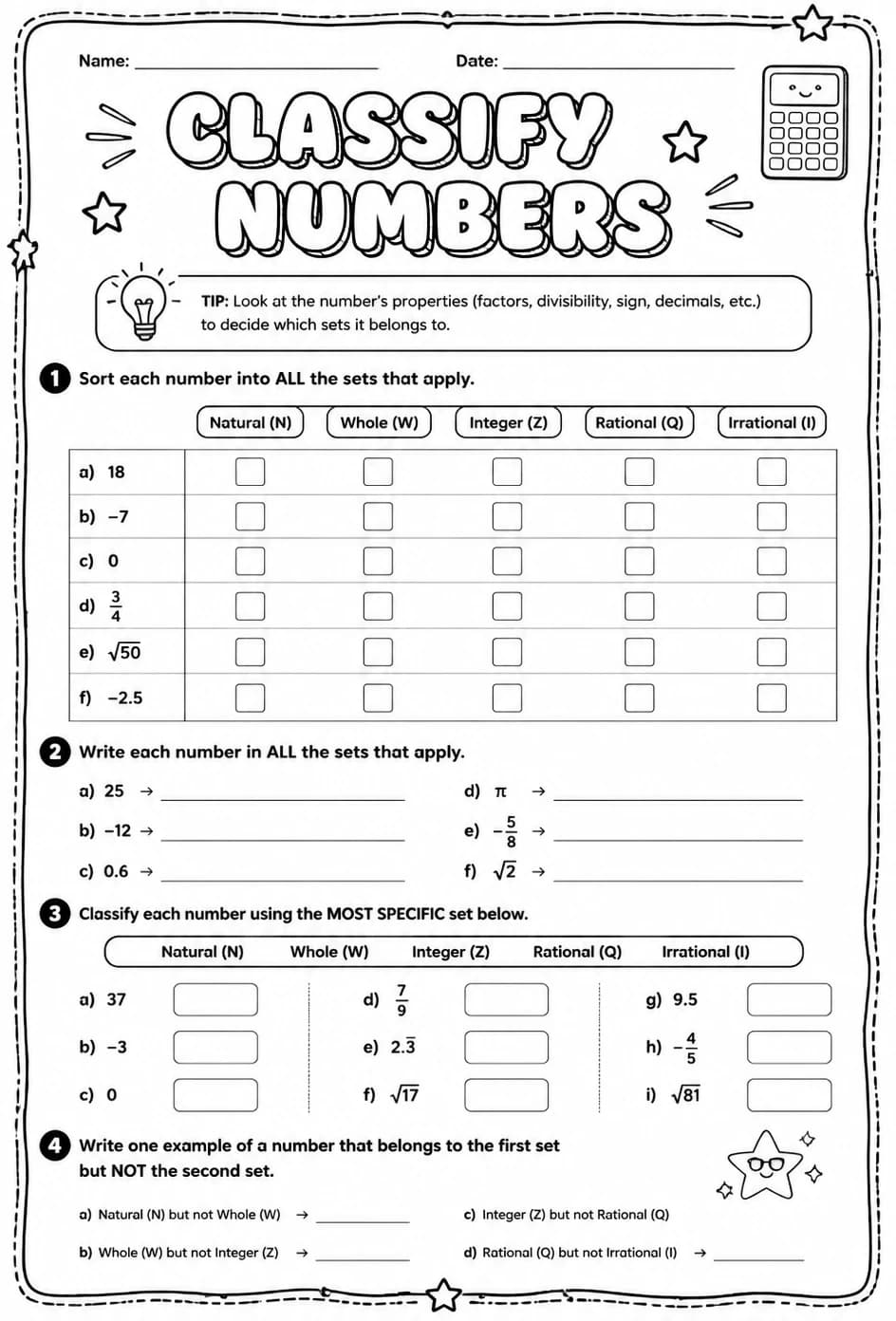 Classify numbers — free printable Grade 8 math worksheet