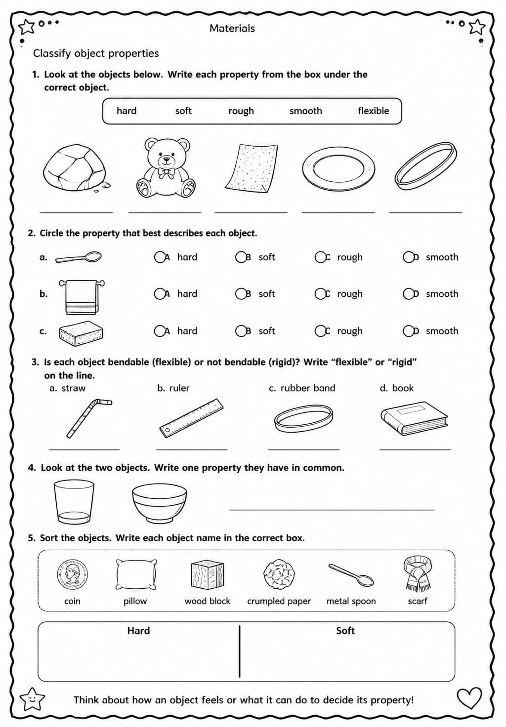 Classify object properties — free printable Grade 2 Science worksheet