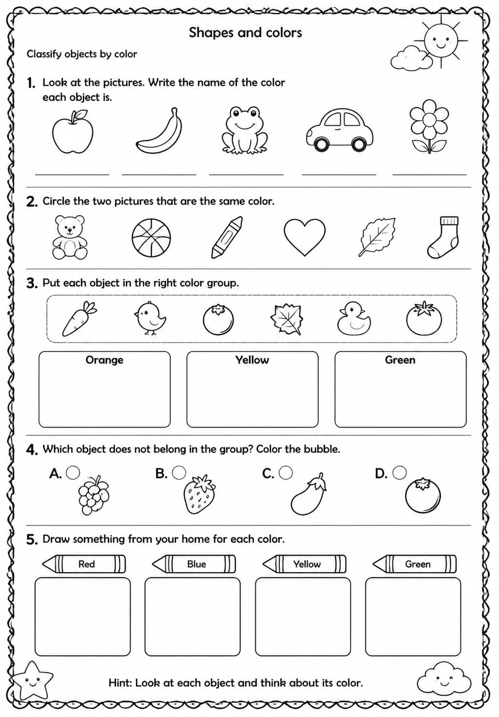 Classify objects by color — free printable Kindergarten Science worksheet