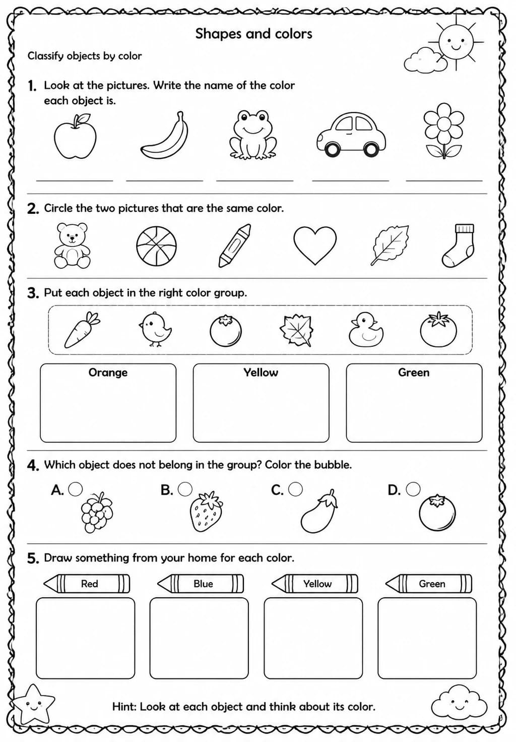 Classify objects by color — free printable Kindergarten Science worksheet