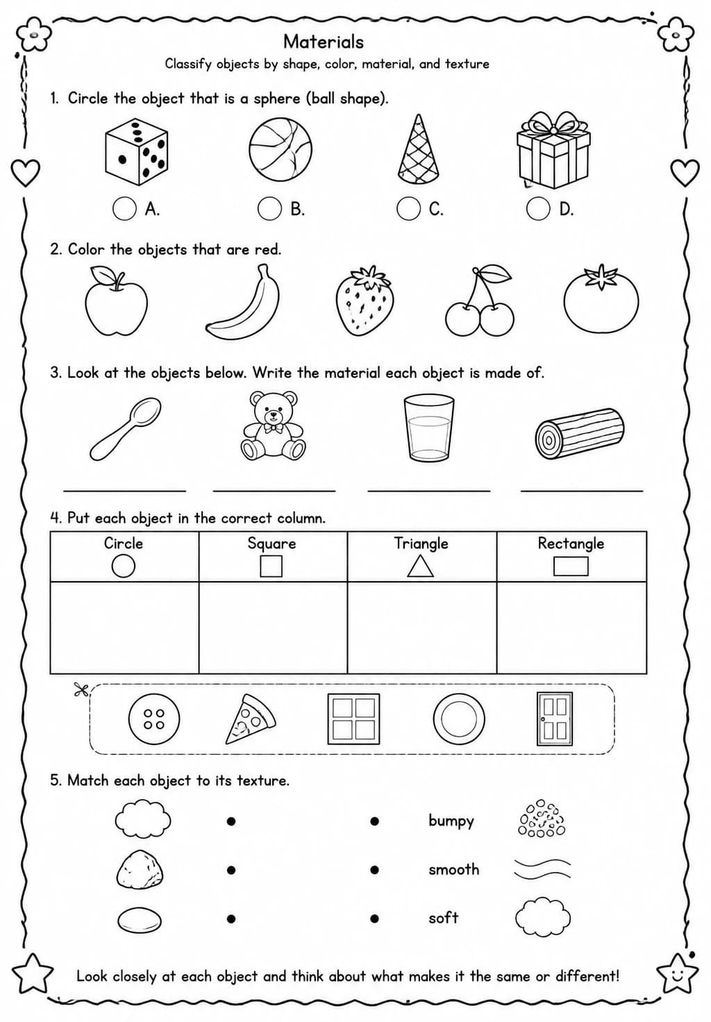 Classify objects by shape, color, material, and texture — free printable Kindergarten Science worksheet