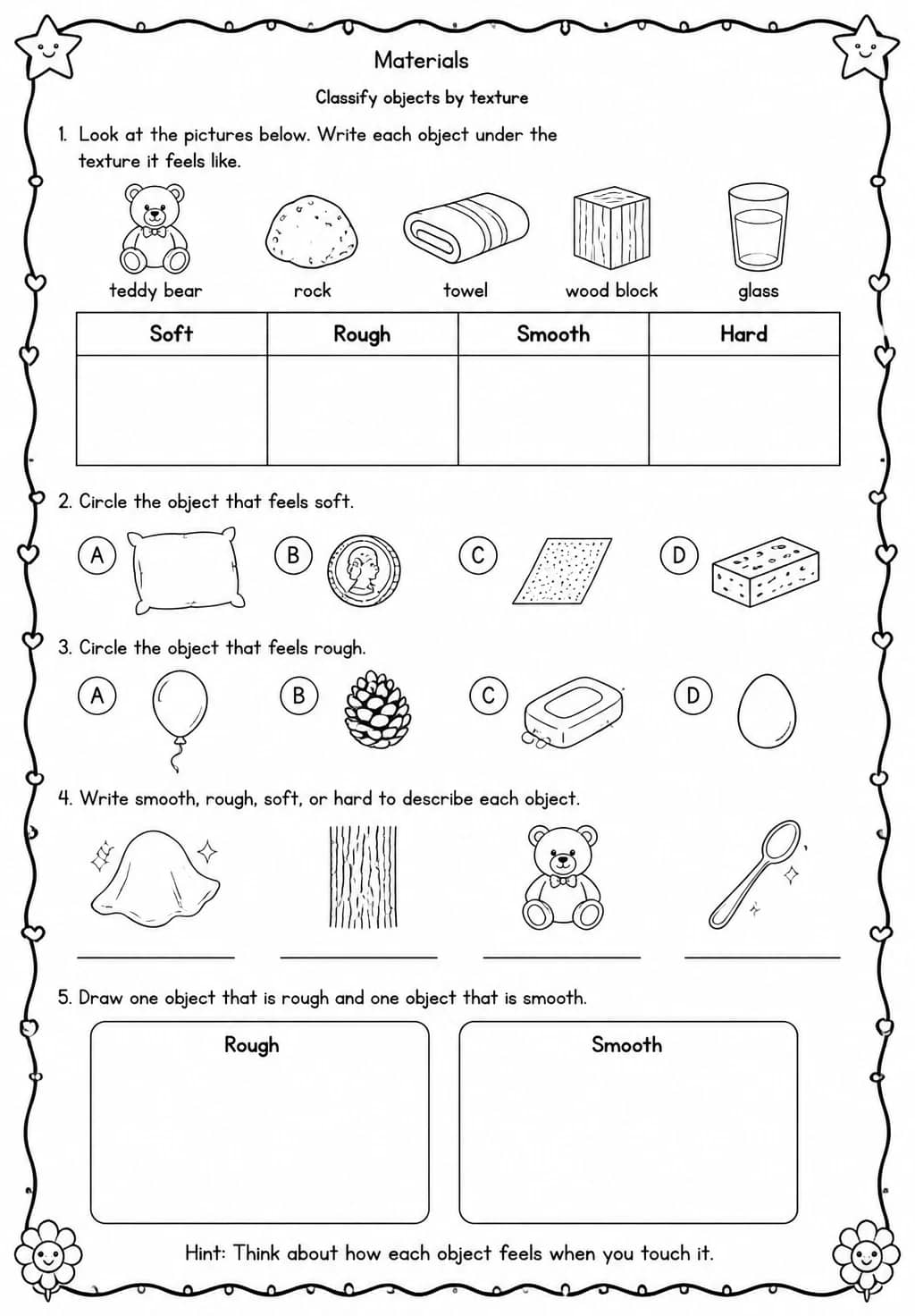 Classify objects by texture — free printable Kindergarten Science worksheet