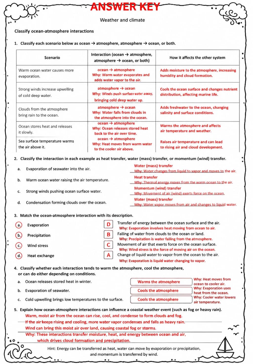 Answer key for Classify ocean-atmosphere interactions — free printable Science worksheet
