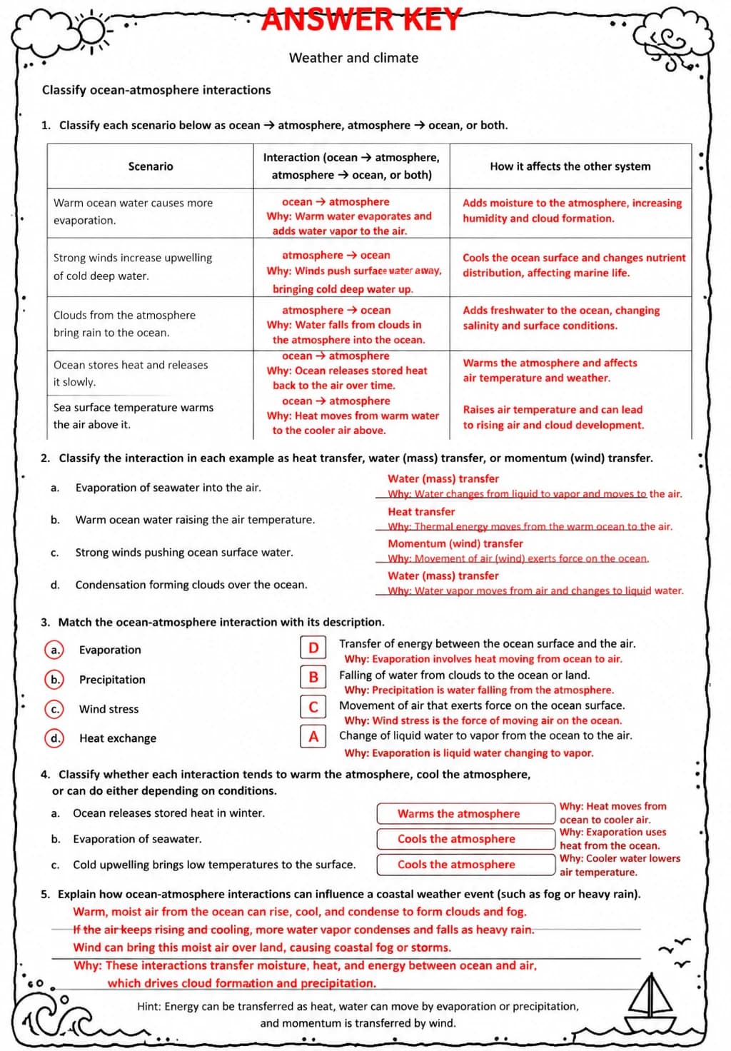 Answer key for Classify ocean-atmosphere interactions — free printable Science worksheet