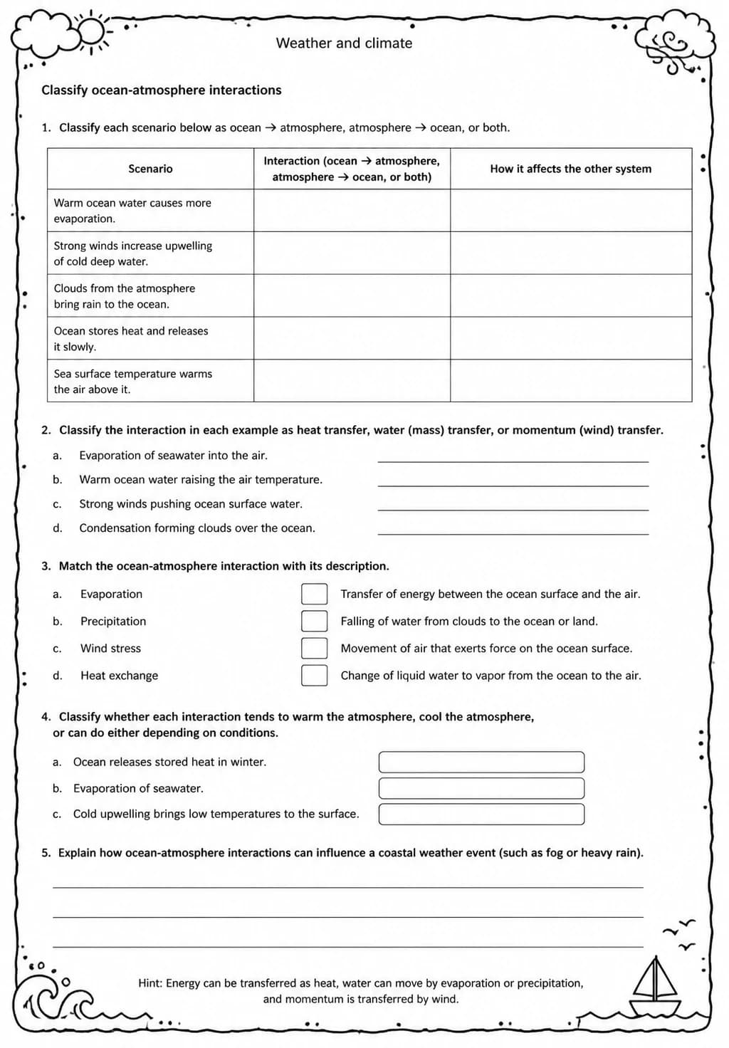 Classify ocean-atmosphere interactions — free printable Middle School Science worksheet
