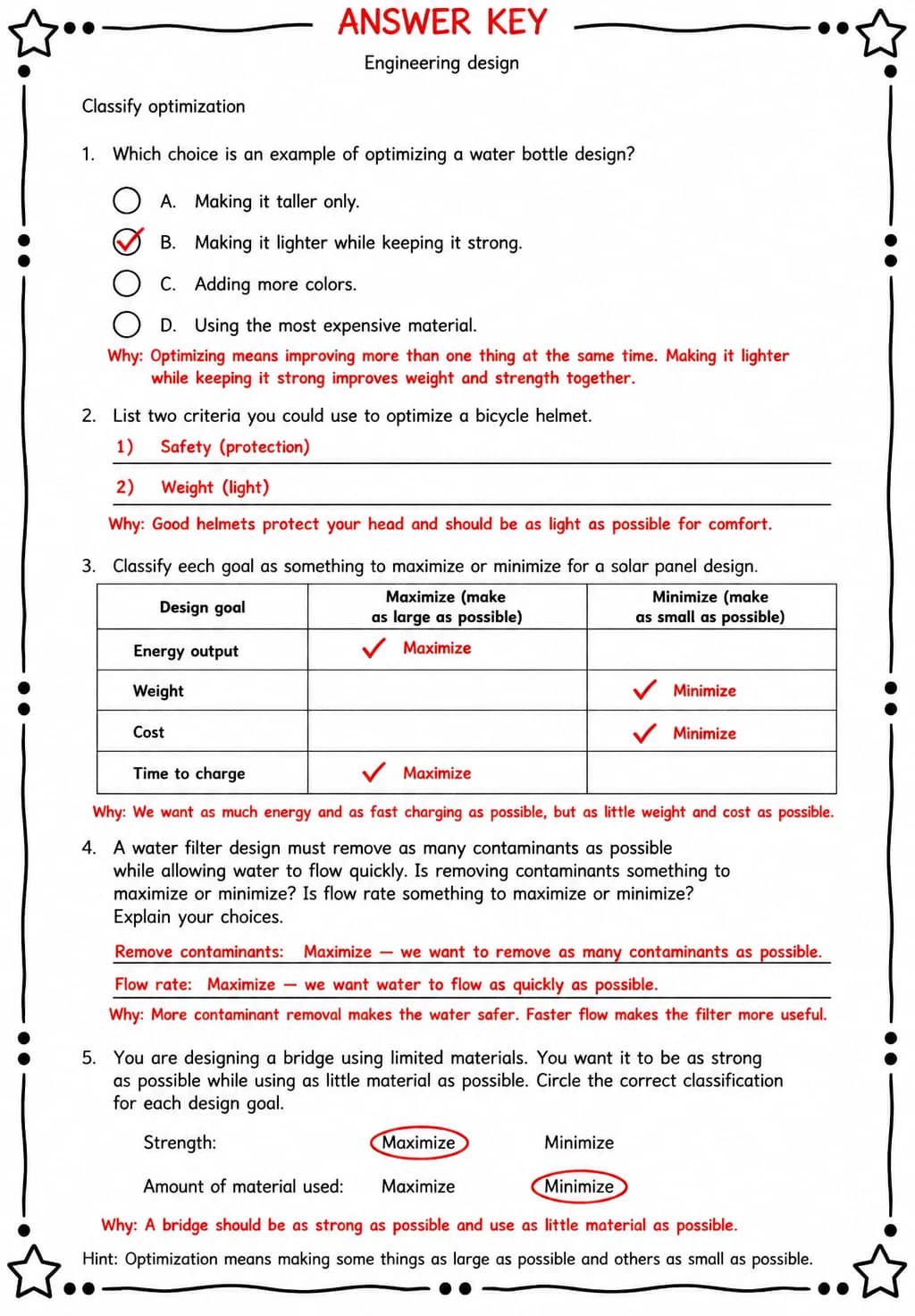 Answer key for Classify optimization — free printable Science worksheet