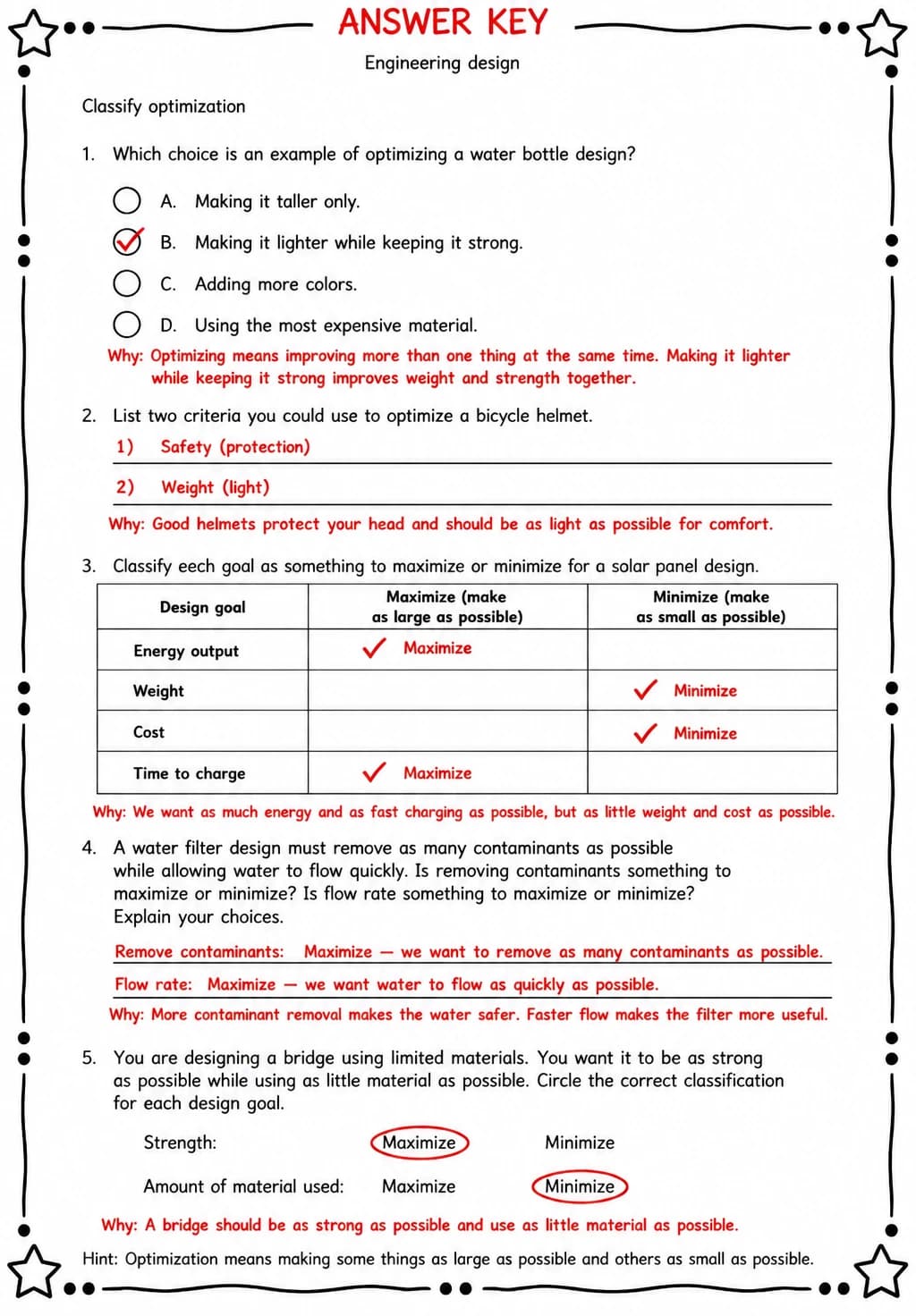 Answer key for Classify optimization — free printable Science worksheet