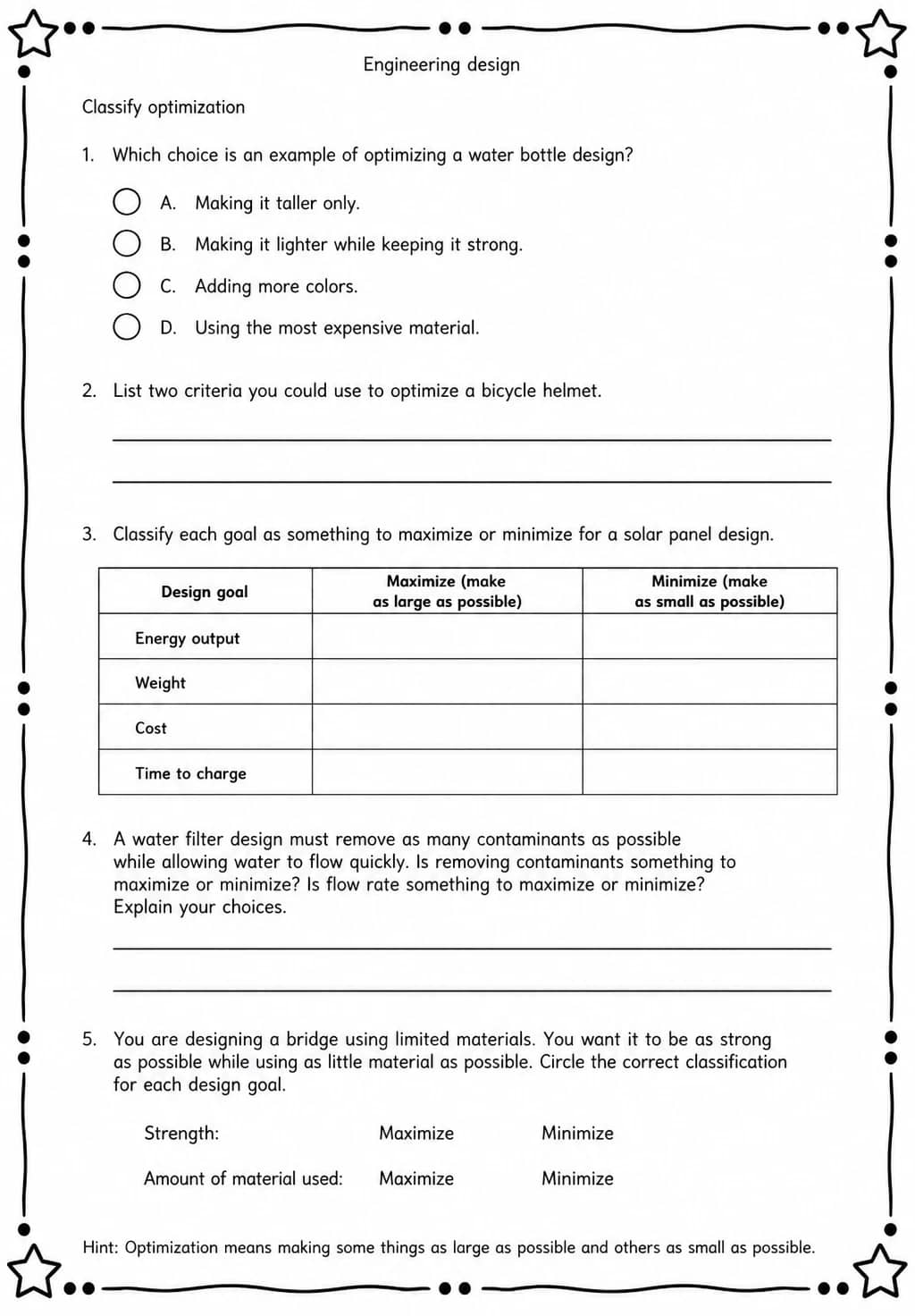 Classify optimization — free printable Middle School Science worksheet