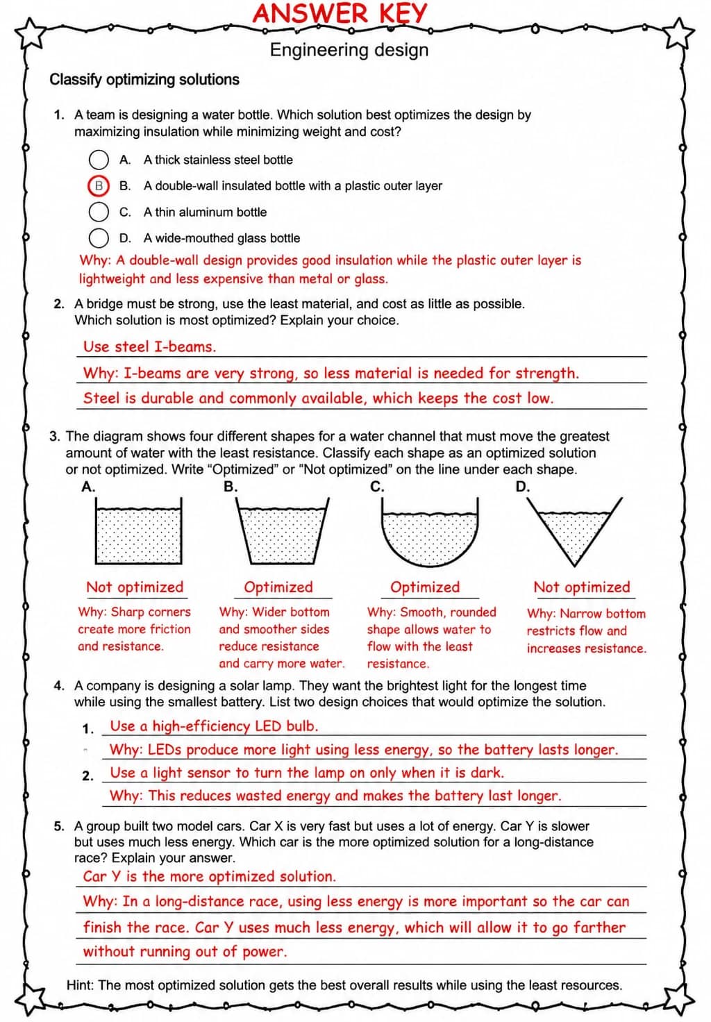 Answer key for Classify optimizing solutions — free printable Science worksheet