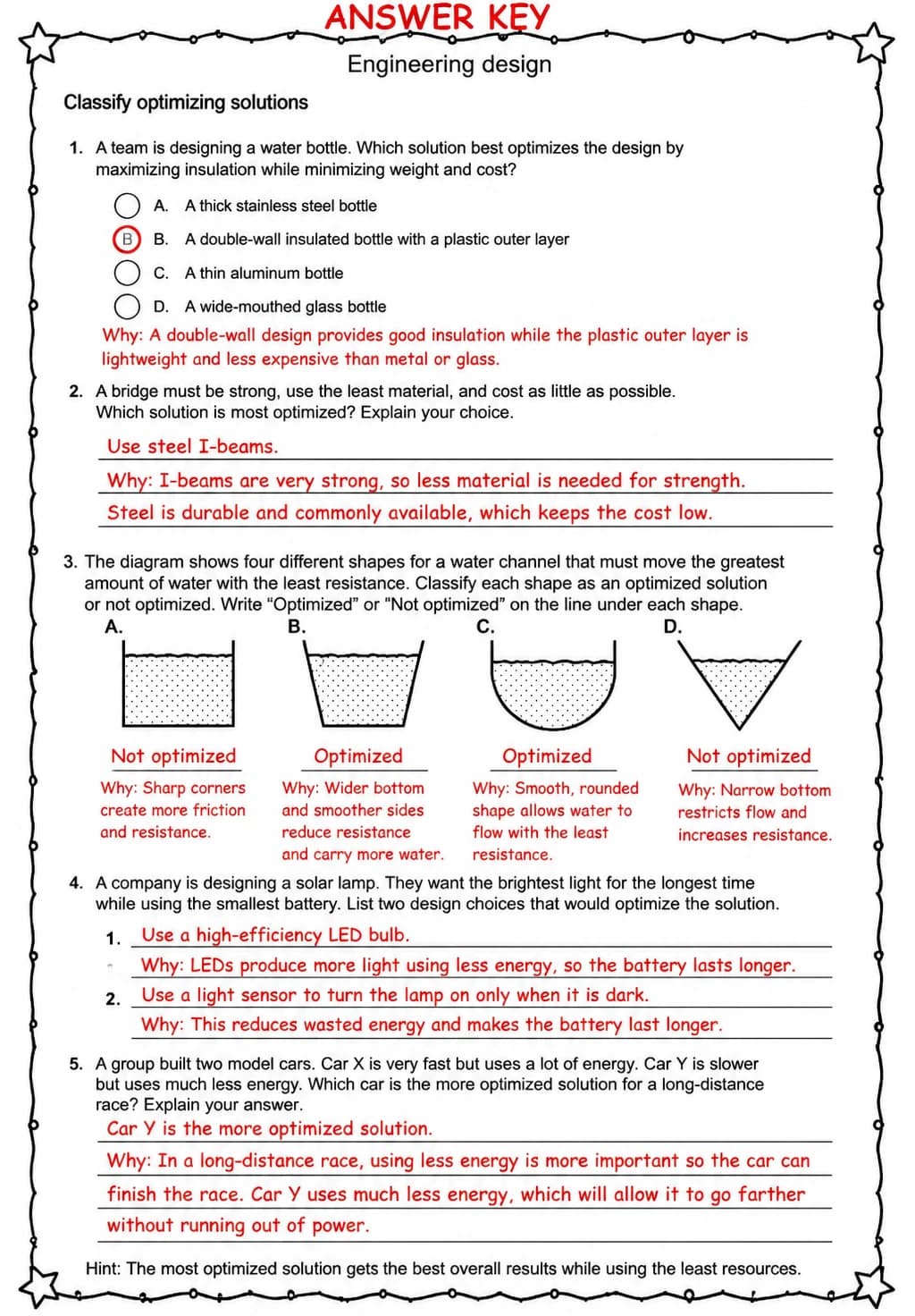 Answer key for Classify optimizing solutions — free printable Science worksheet