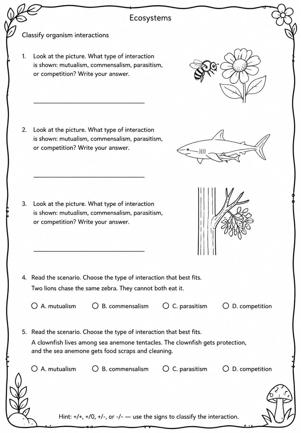 Classify organism interactions — free printable Grade 5 Science worksheet